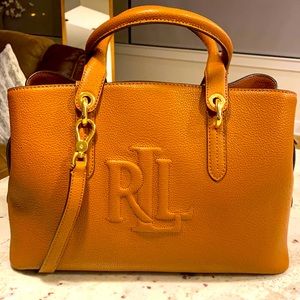 RALPH LAUREN,LARGE LOGO COURSE GRAINED LEATHER BAG